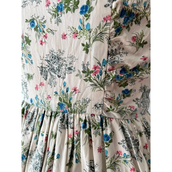 SIZE XS / S 1950s Toile Print Floral Cotton Dress - Summer, Vintage, White - Picture 9 of 9
